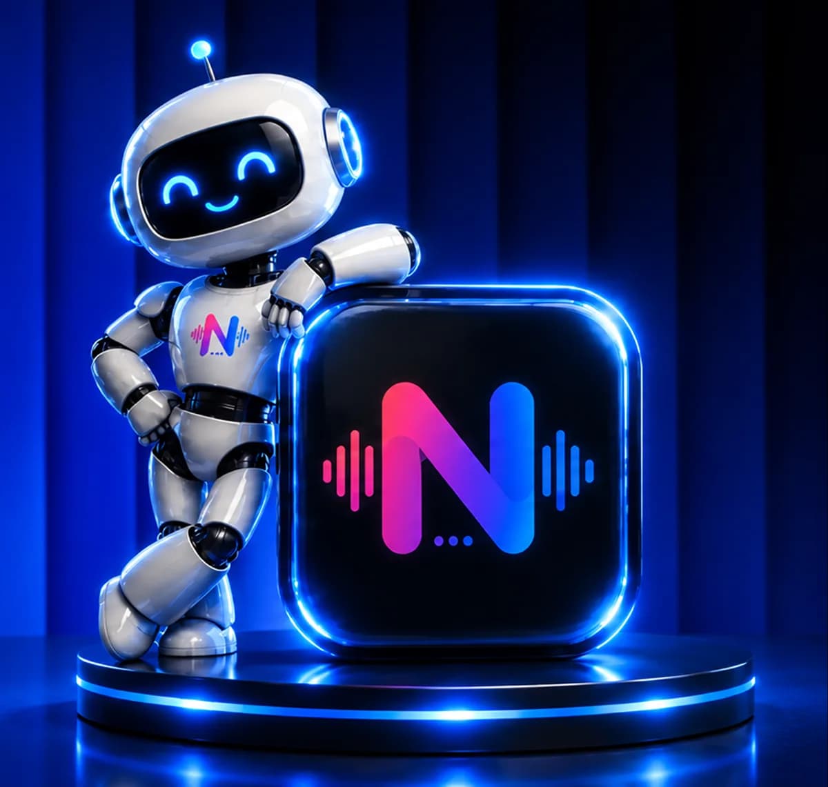A friendly robot leaning on the NIRO app icon
