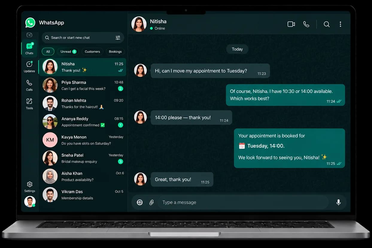 A WhatsApp conversation on a laptop, where NIRO moves a customer's appointment to Tuesday