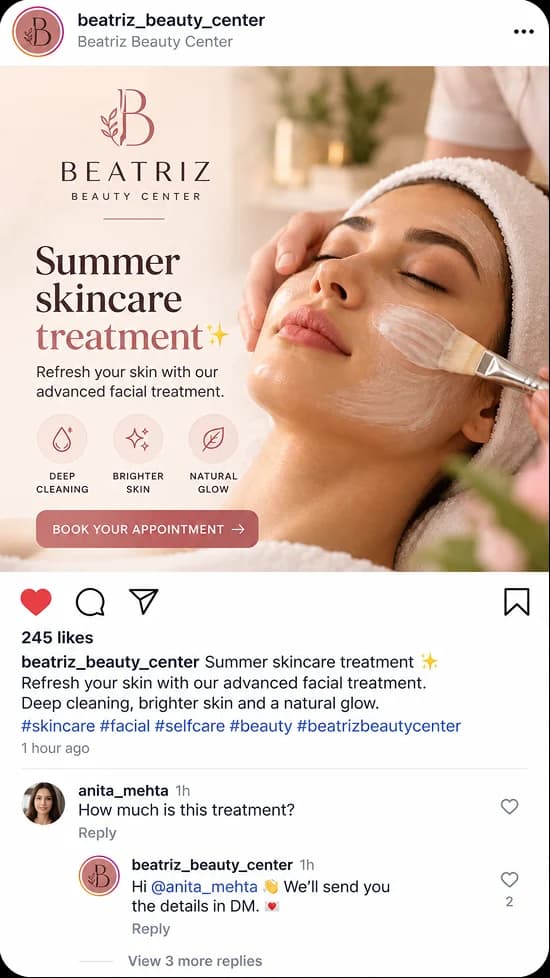 An Instagram post from Beatriz Beauty Center advertising a summer skincare treatment, with a customer asking the price and the business replying that it will send details by DM