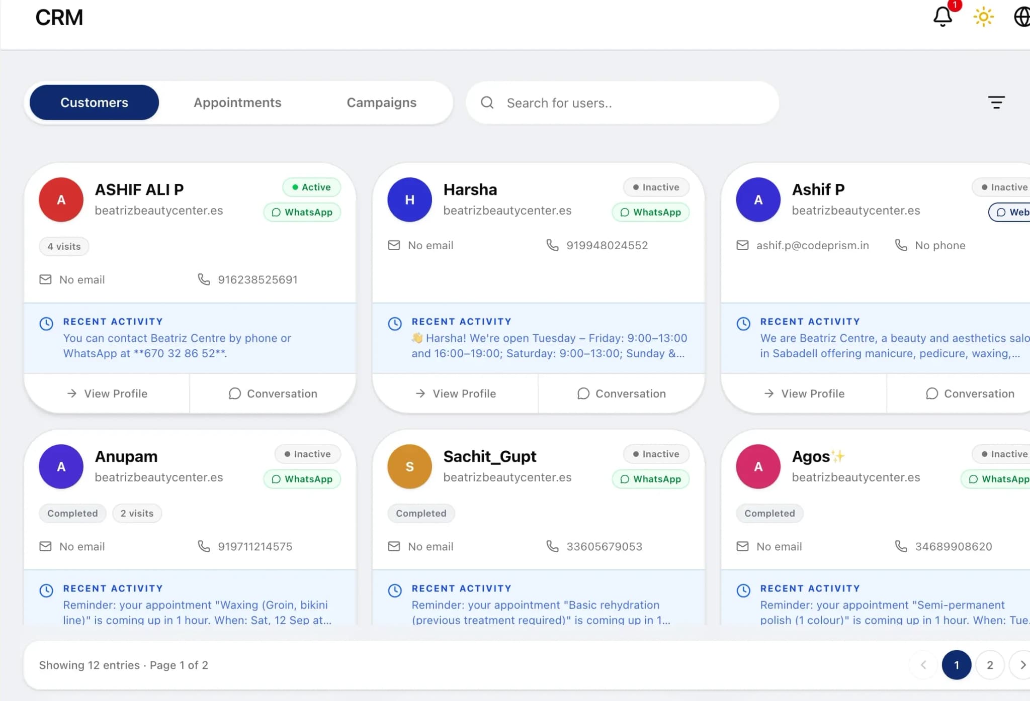 The NIRO CRM customers list, showing customer profiles with channel, visits and recent activity