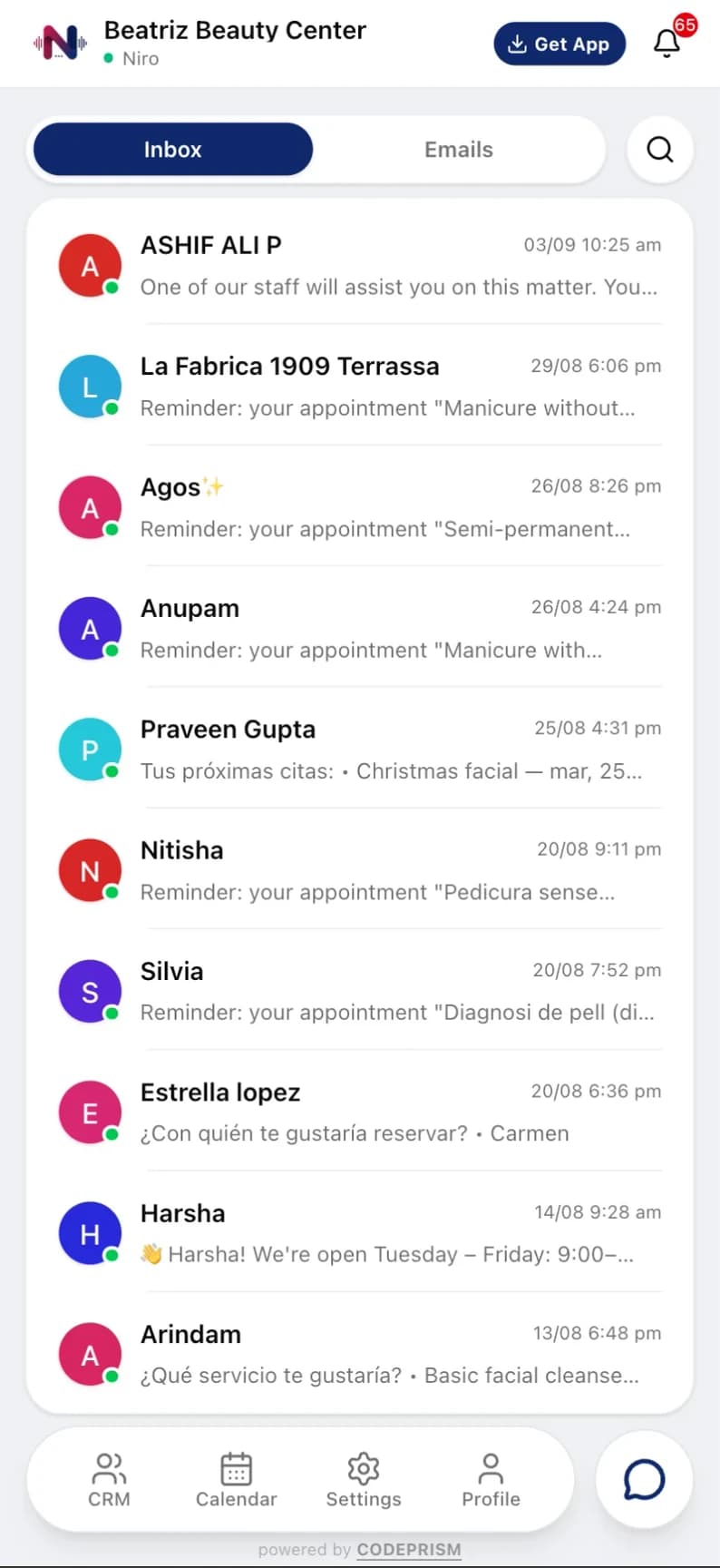 NIRO dashboard - Chats